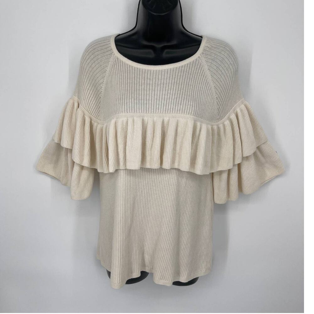 Vineyard Vines Women's Ribbed Cotton Silk Ruffle Sweater Size XS Cream